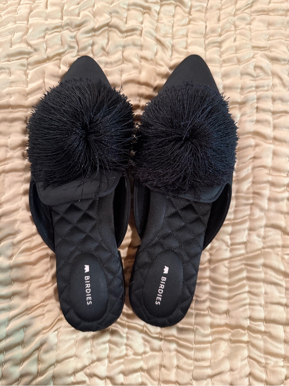 Birdies Black Pom-Pom Quilted Slip-On Mules